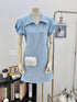 Zipper Collar Down Rose Decor Short Sleeves Mini Dress